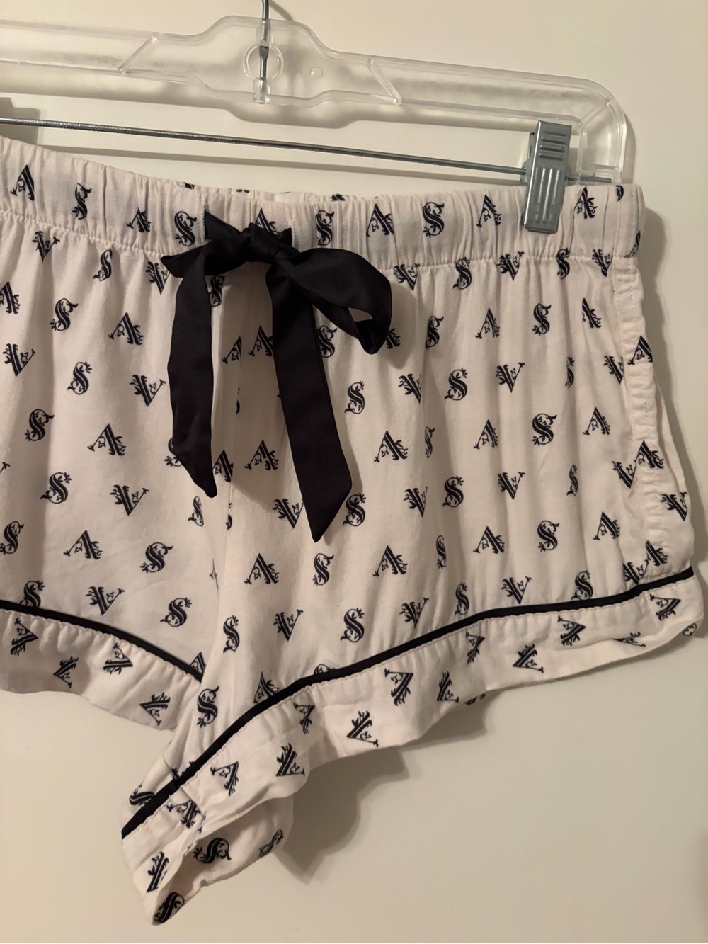 Victoria's Secret White Sleep Shorts with Black Monogram & Satin Bow